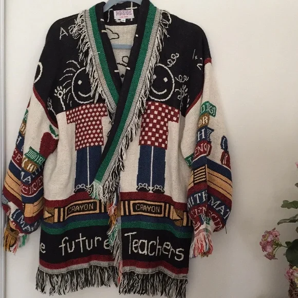 NWOT Lindy Dodds Artwear Fringe Knit Cardigan Jacket Teacher Theme - Picture 12 of 12